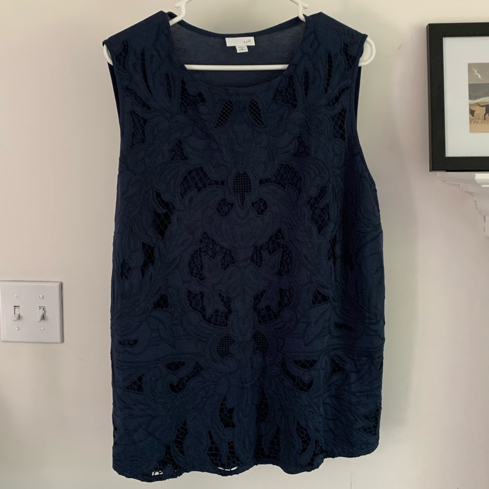 J Jill 2X Navy Blue Embroidered Cut-Out Overlay Front Sleeveless Top New No Tag